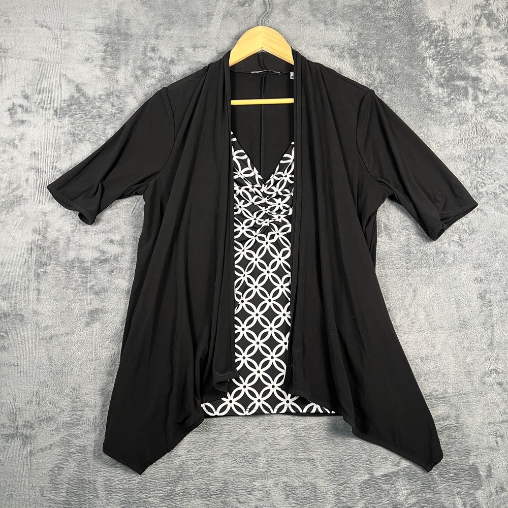 Notations Cardigan Layered Top Womens Large Black Geometric Drape Open Front